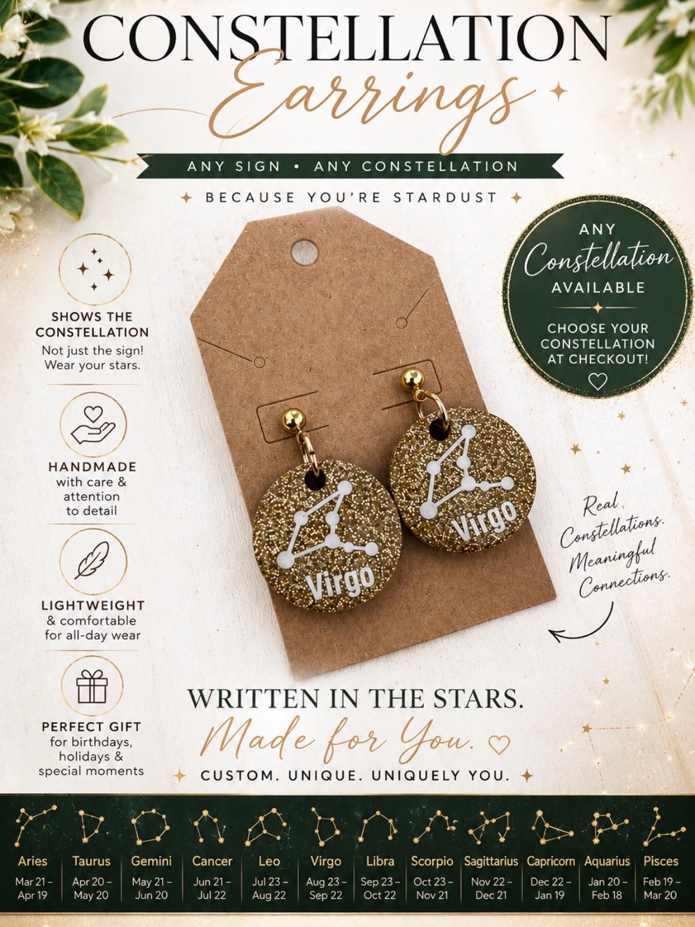 Gold Virgo Constellation Drop Earrings - Virgo Zodiac Jewelry